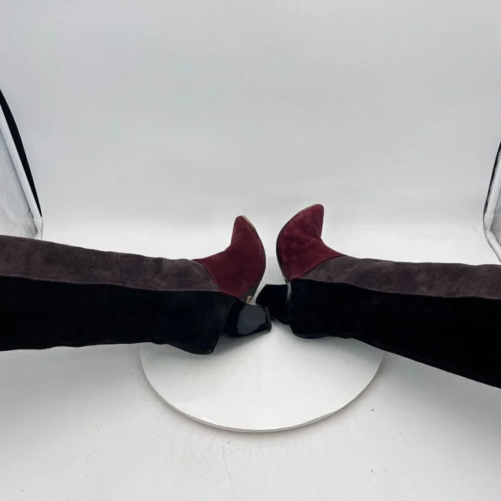 Tory Burch Lila 90mm Women Size 6M Burgundy Grey Black Suede Knee High Boot